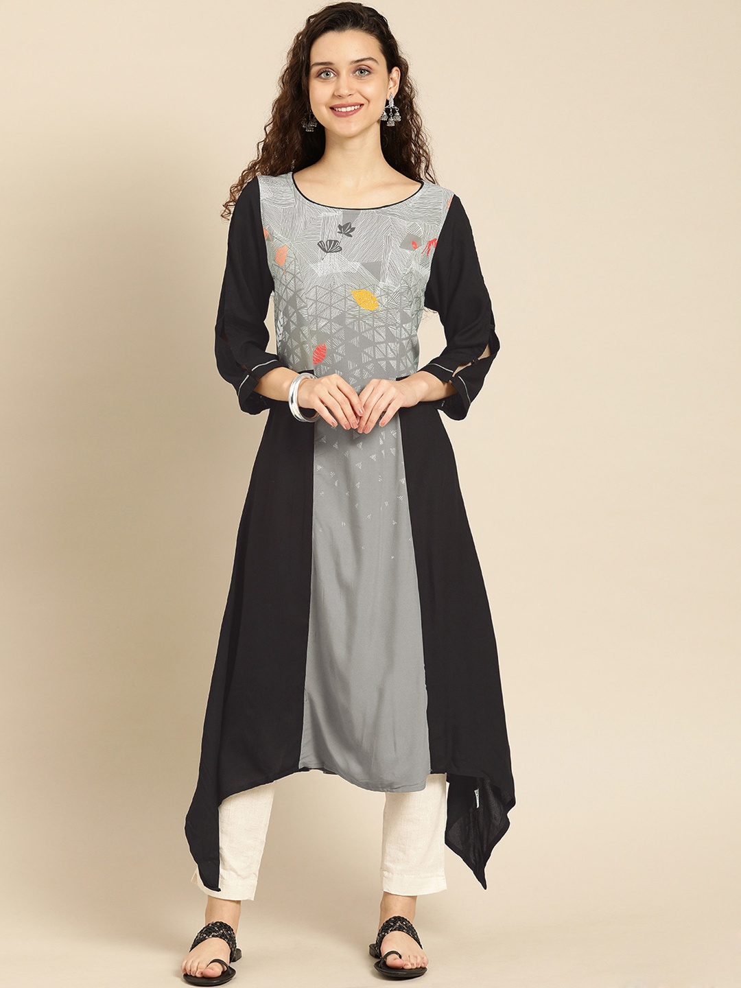 

IMARA Women Black & Grey Printed A-Line Asymmetric Kurta