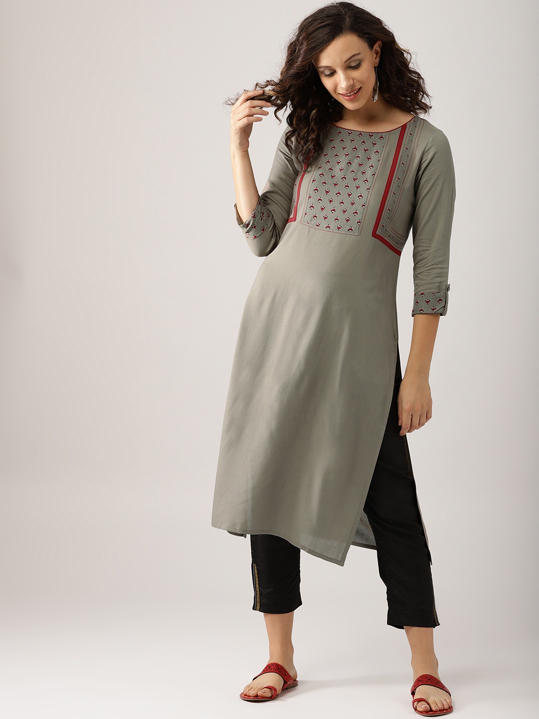 

IMARA Women Taupe Yoke Design Straight Kurta