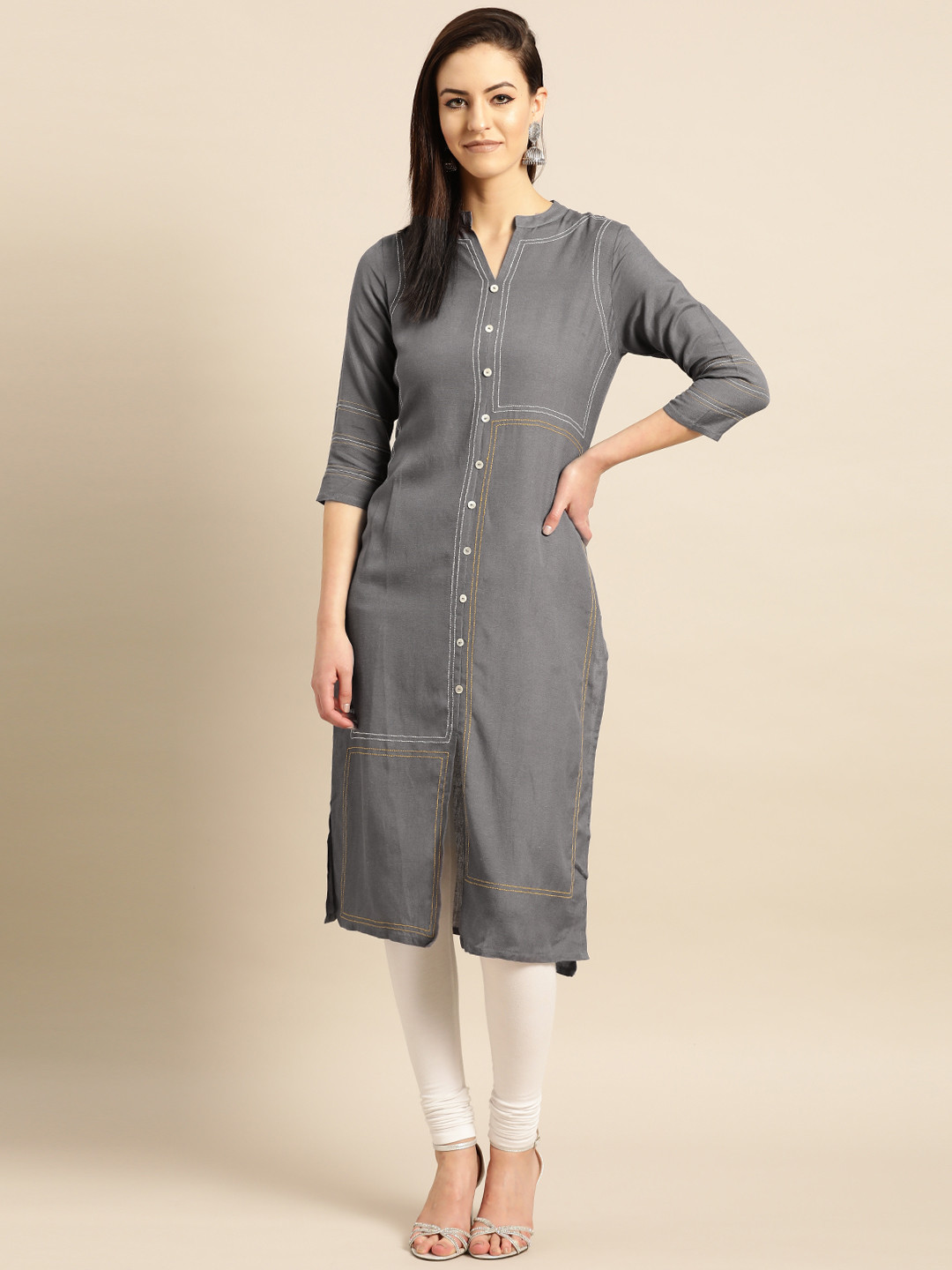 

IMARA Women Charcoal Grey Solid Straight Kurta