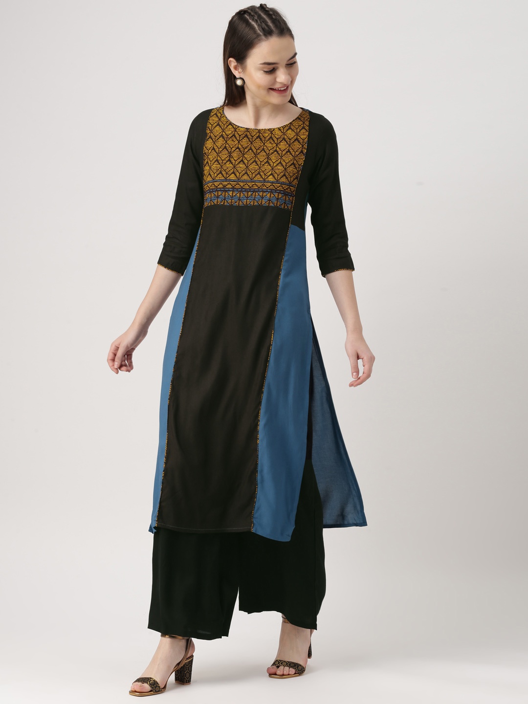 

IMARA Women Black & Mustard Yoke Design Straight Kurta