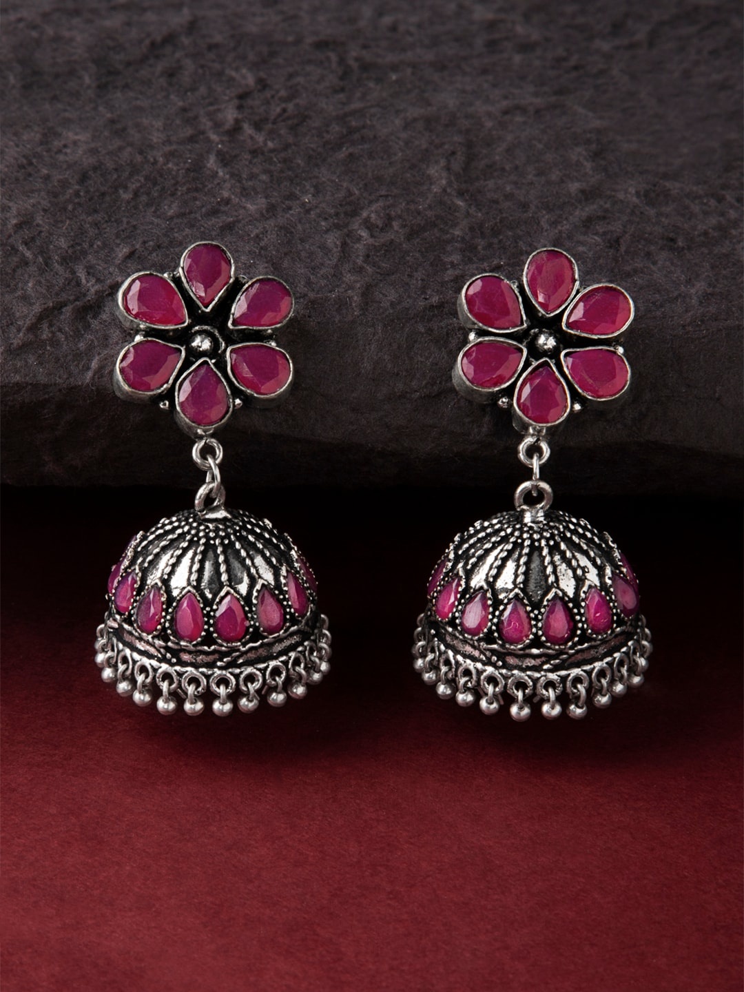 

Rubans Silver-Toned & Red Dome Shaped Jhumkas