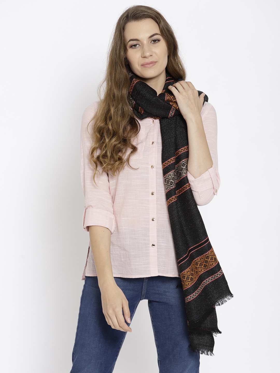 

Noi Women Charcoal Grey & Mustard Brown Woven Design Shawl