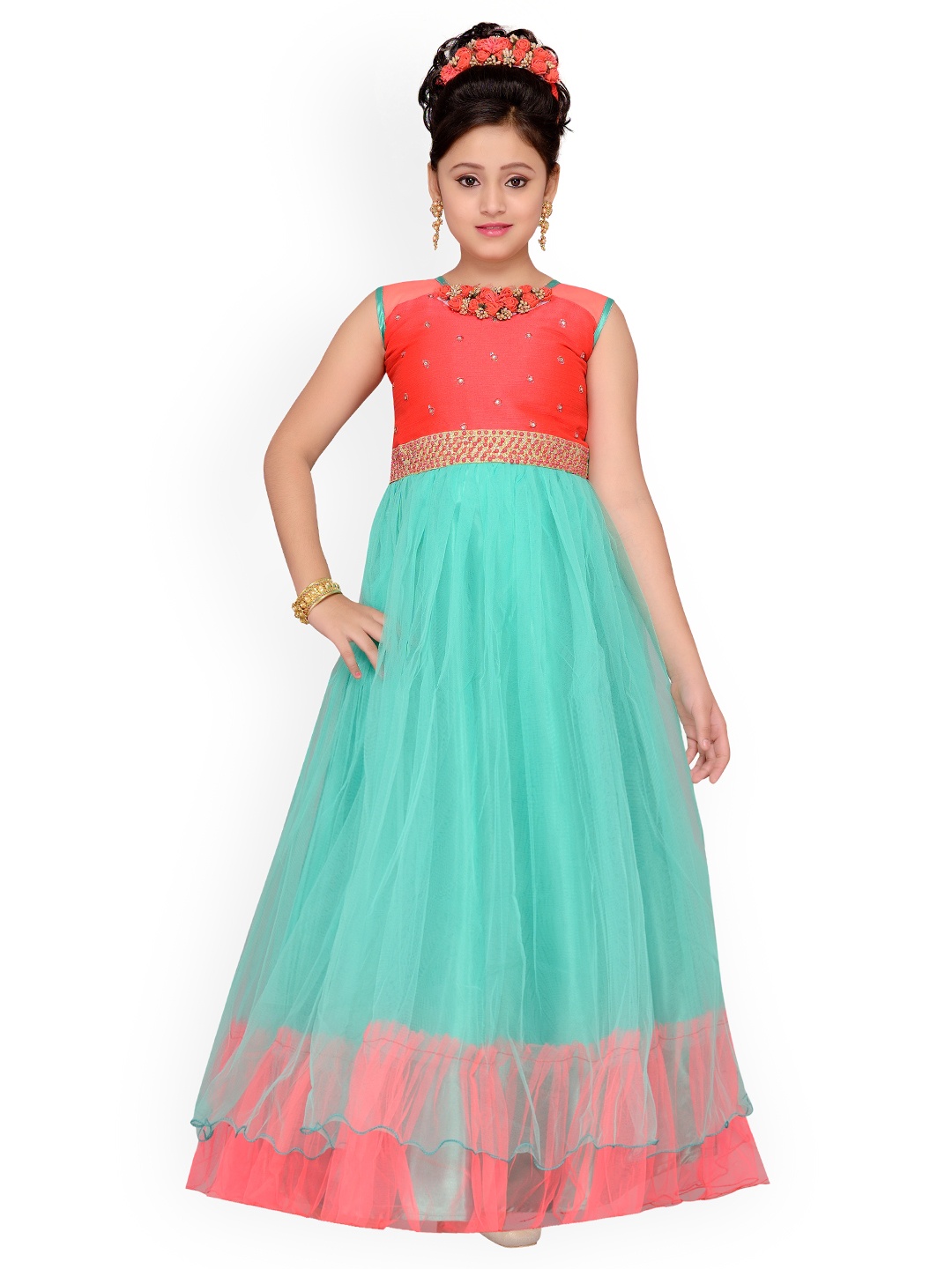 

ADIVA Girls Teal Self Design Maxi Dress