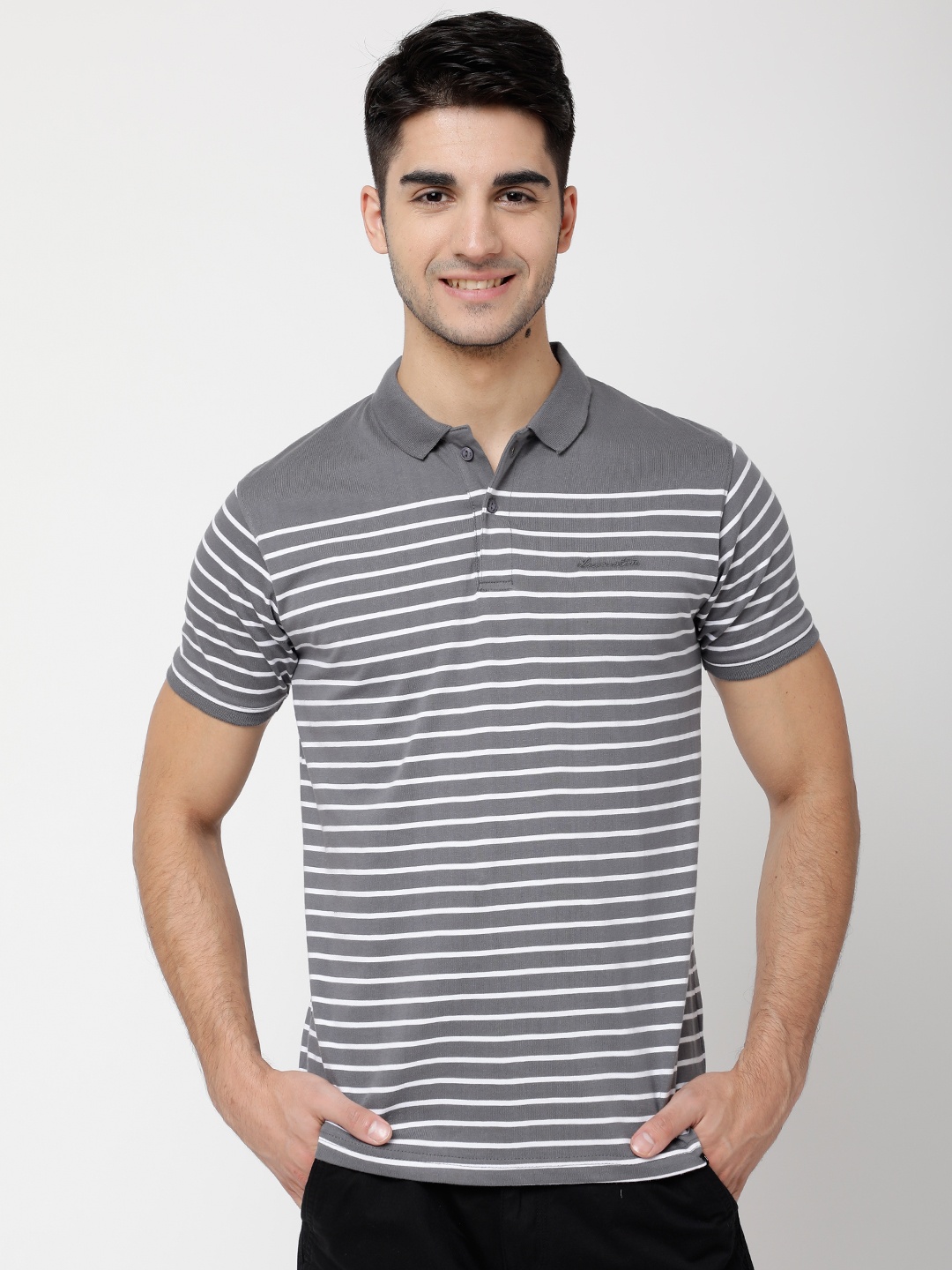 

LOCOMOTIVE Men Grey Striped Polo Collar T-shirt