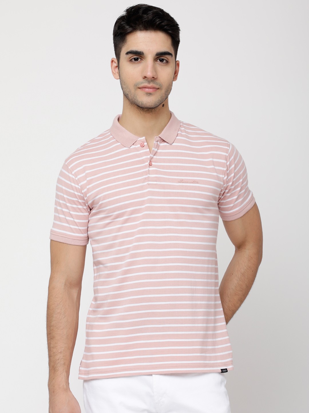 

LOCOMOTIVE Men Pink Striped Polo Collar T-shirt