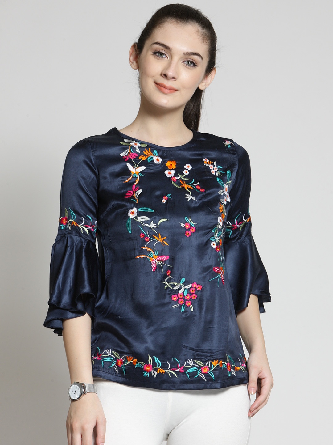 

plusS Women Navy Blue Embroidered Top