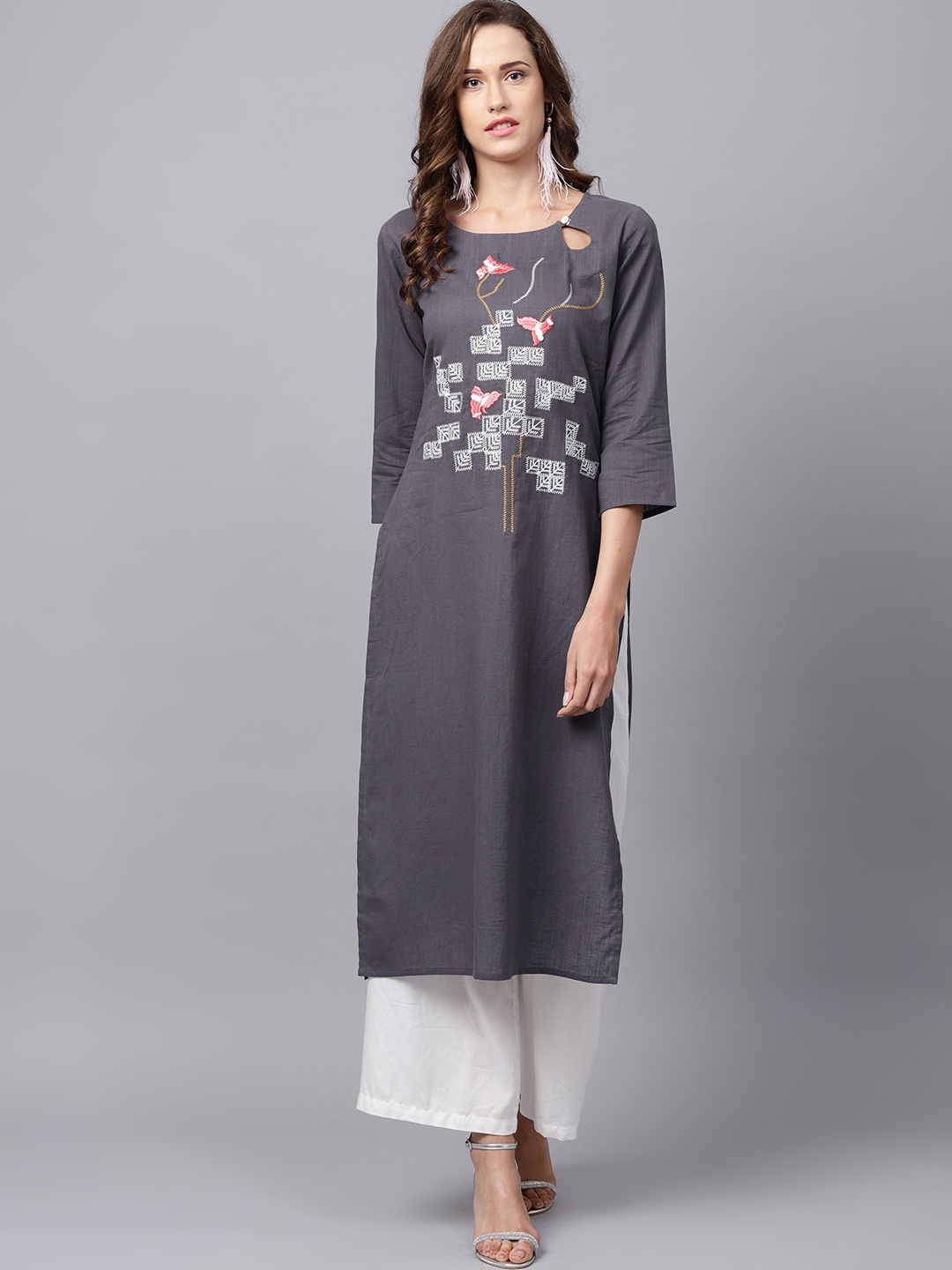 

Varanga Grey Solid Straight Embroidered Kurta