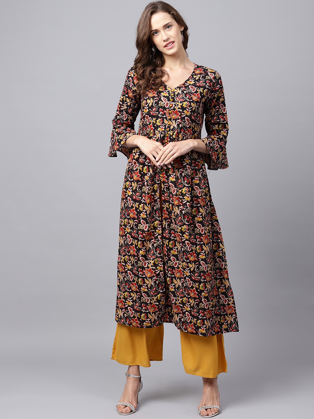 

Varanga Women Black & Mustard Yellow Screen Print A-Line Kurta