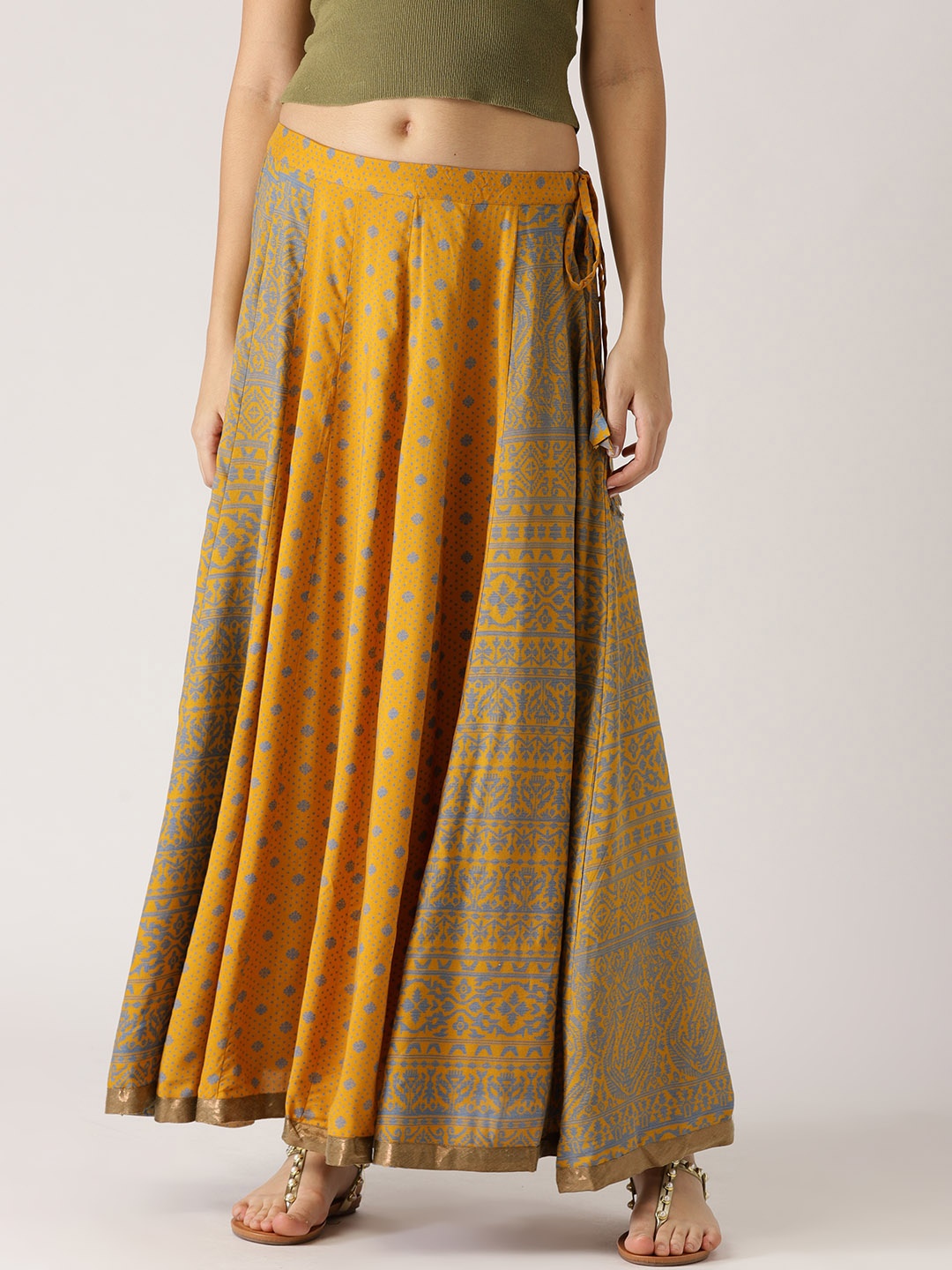 

IMARA Women Mustard Yellow & Blue Printed Maxi Flared Skirt
