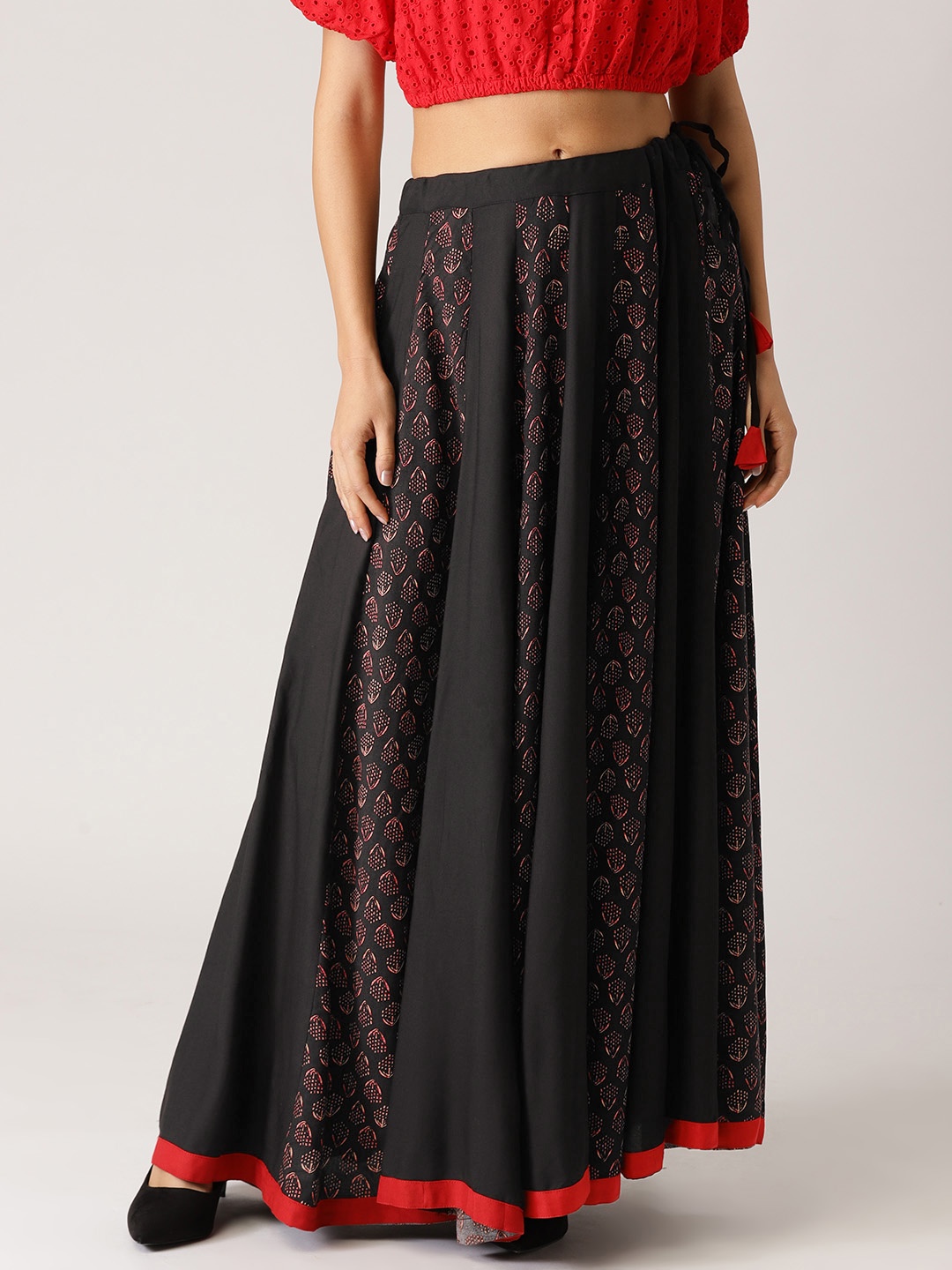 

IMARA Women Black Printed Maxi Flared Skirt