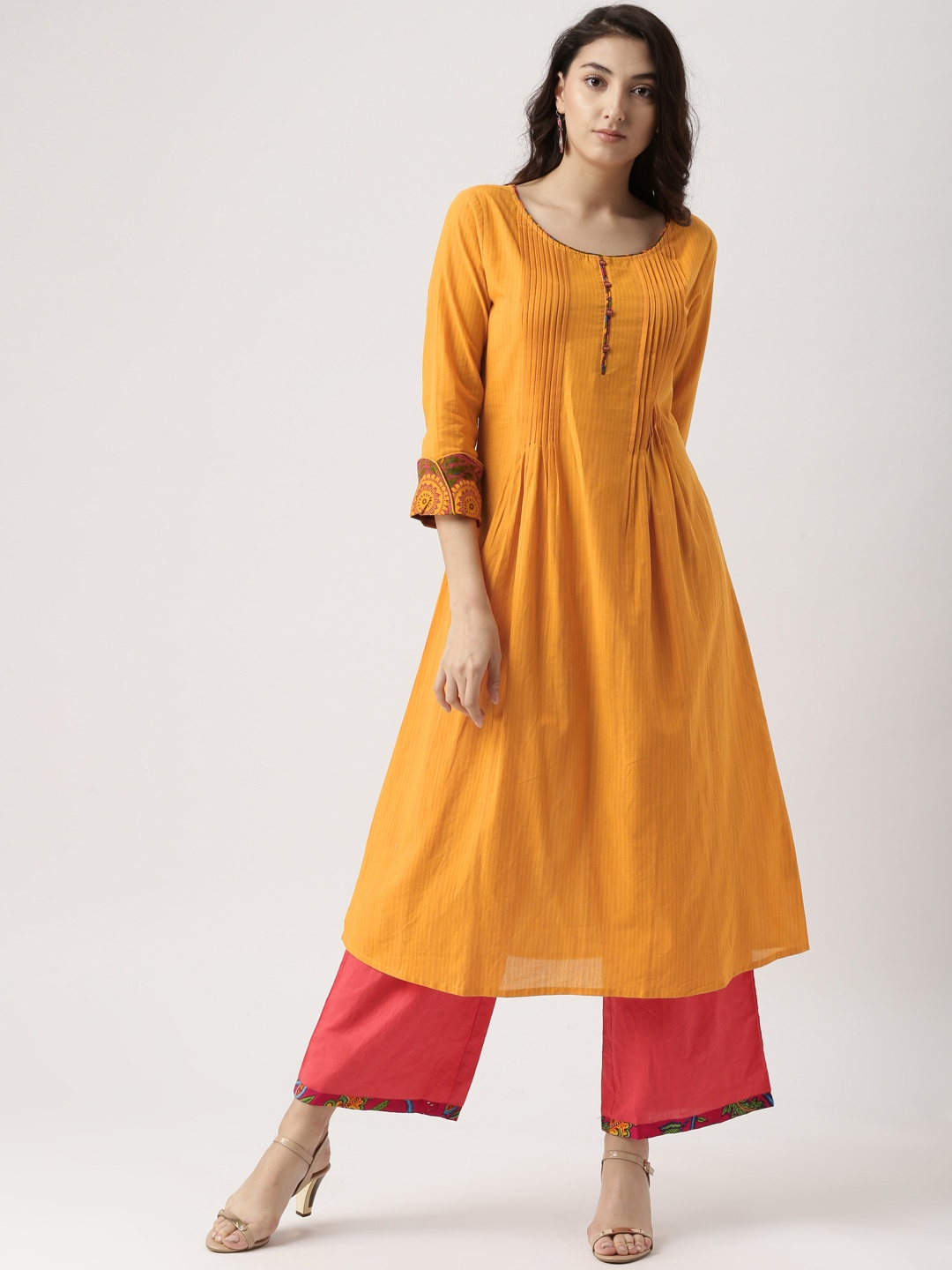 

IMARA Women Mustard Yellow Striped A-Line Kurta