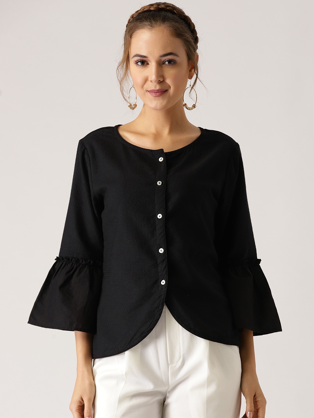 

IMARA Women Black Self Design Shirt Style Pure Cotton Top