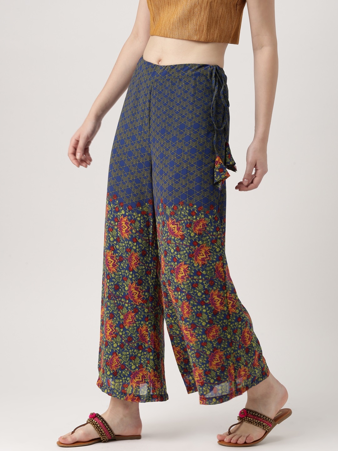 

IMARA Women Navy Blue Printed Straight Palazzos