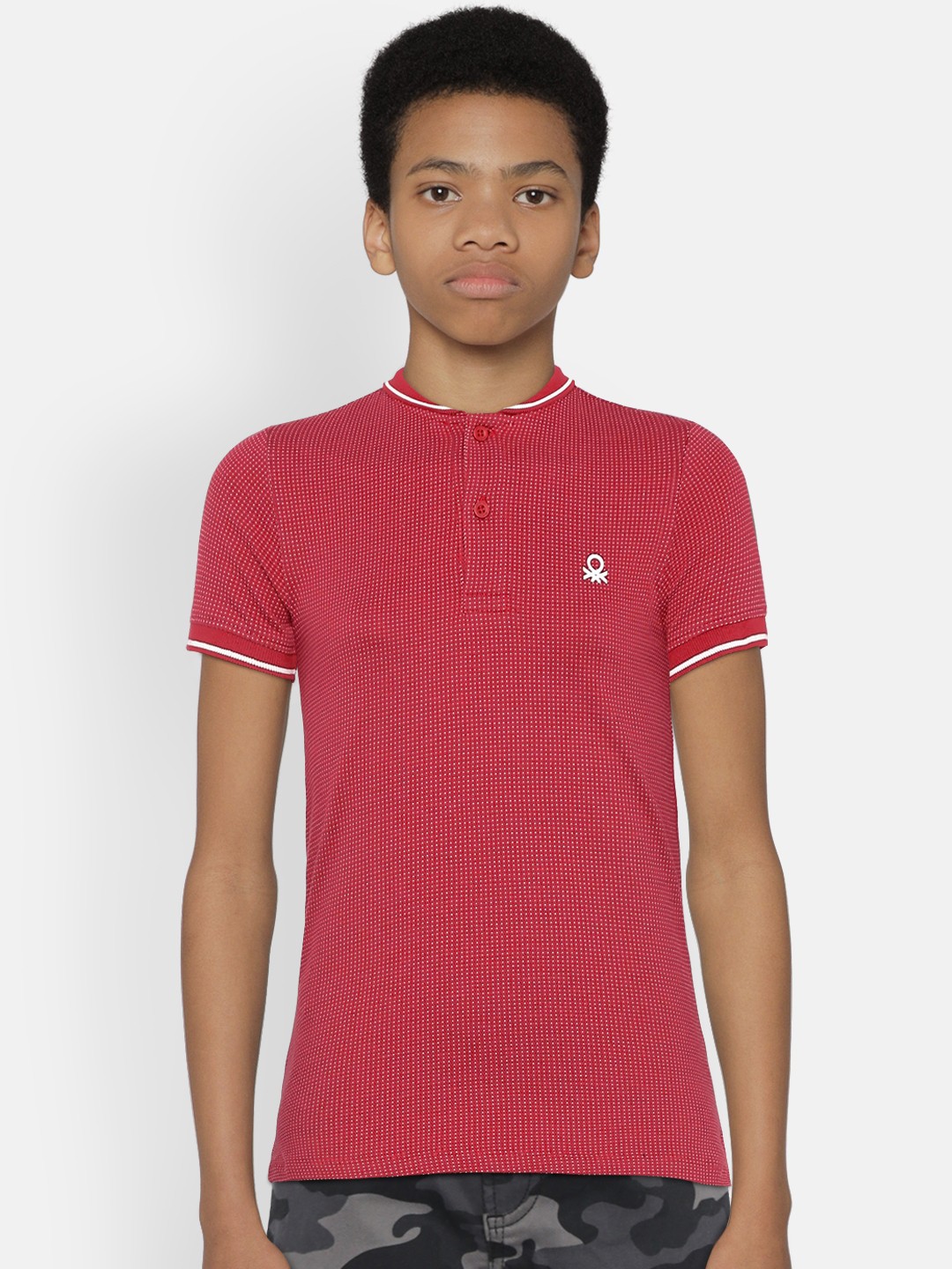 

United Colors of Benetton Boys Red Self Design Polo Collar T-shirt