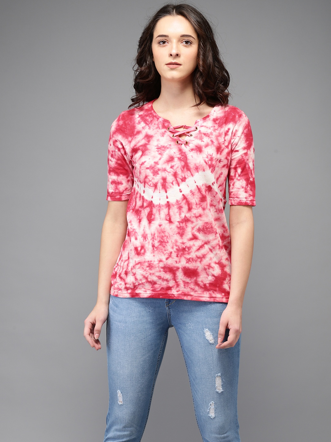 

Flying Machine Women Coral Pink & White Dyed Pure Cotton Top