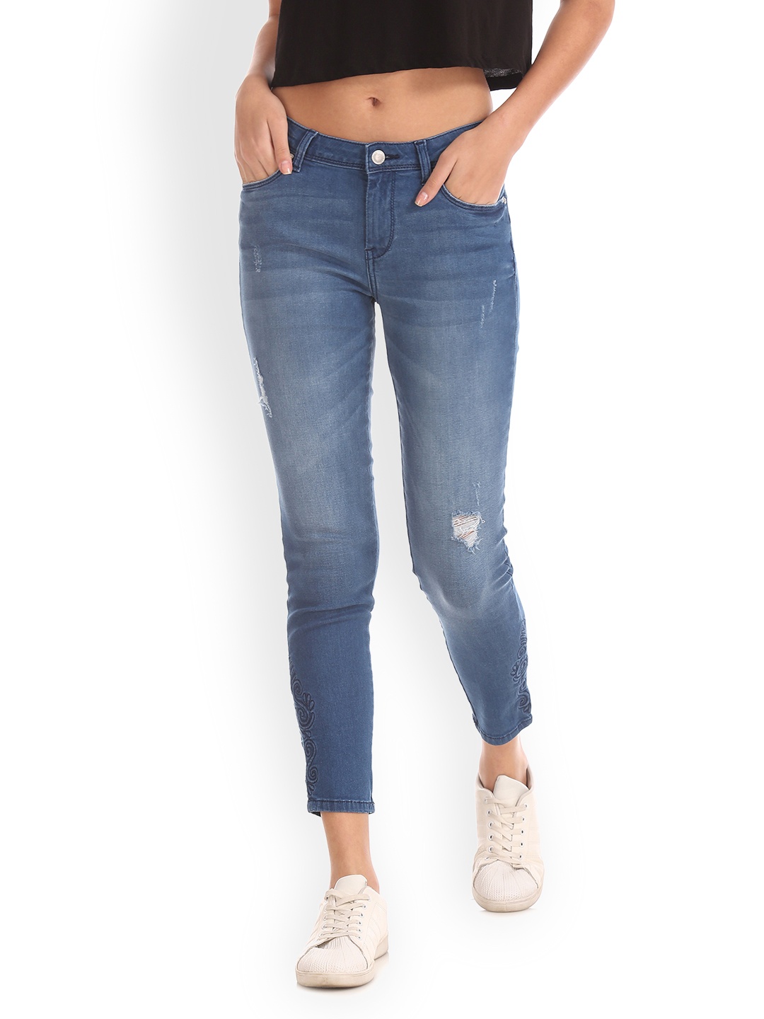 

Flying Machine Women Blue & Blue Super Skinny Fit Mid-Rise Mildly Distressed Jeans