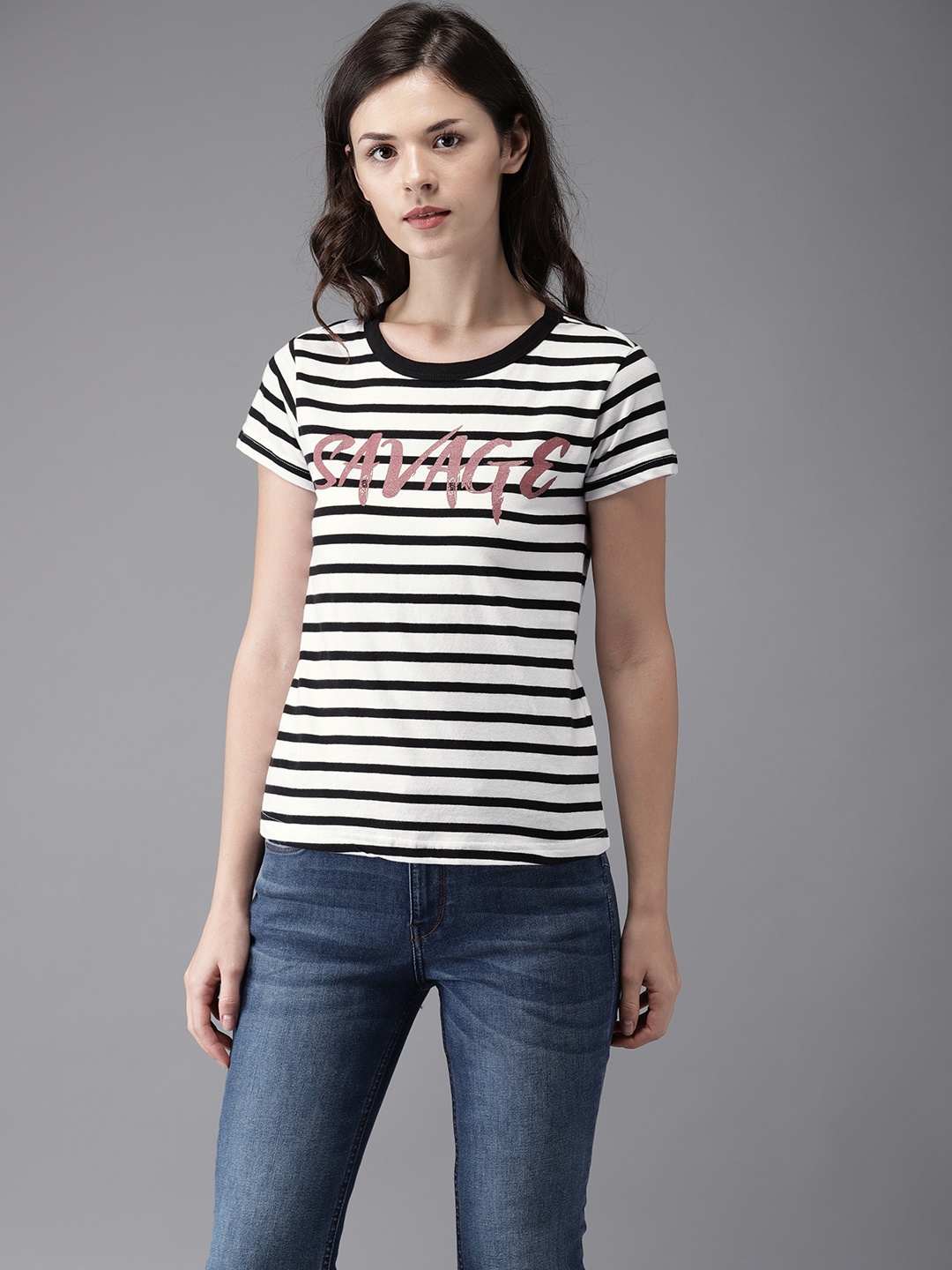 

Flying Machine Women White Black Striped Round Neck Pure Cotton T-shirt