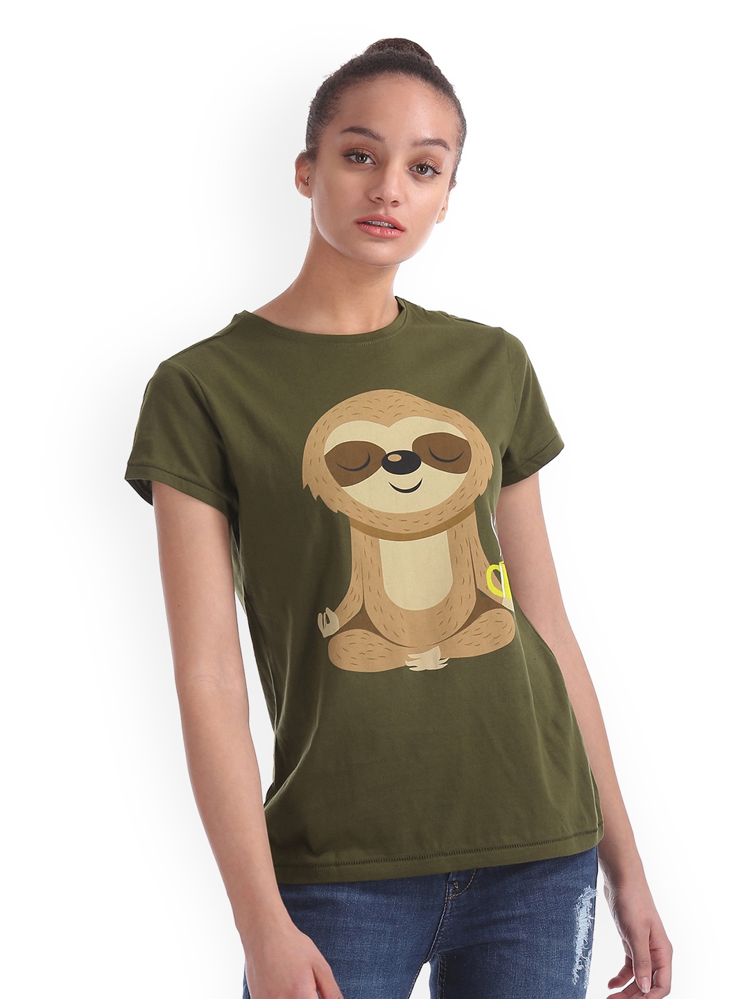 

Flying Machine Women Olive Green Printed Round Neck Pure Cotton T-shirt