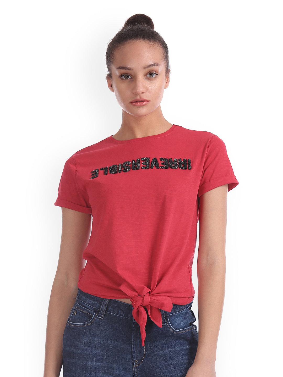 

Flying Machine Women Red Printed Round Neck Pure Cotton T-shirt