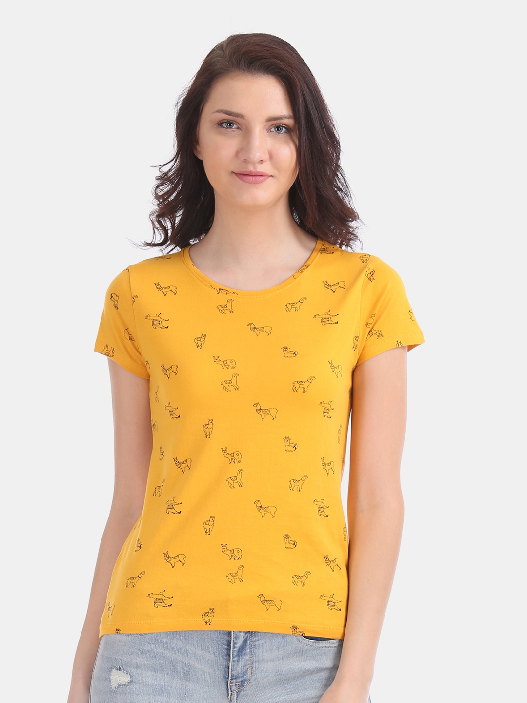 

Flying Machine Women Yellow Printed Round Neck T-shirt