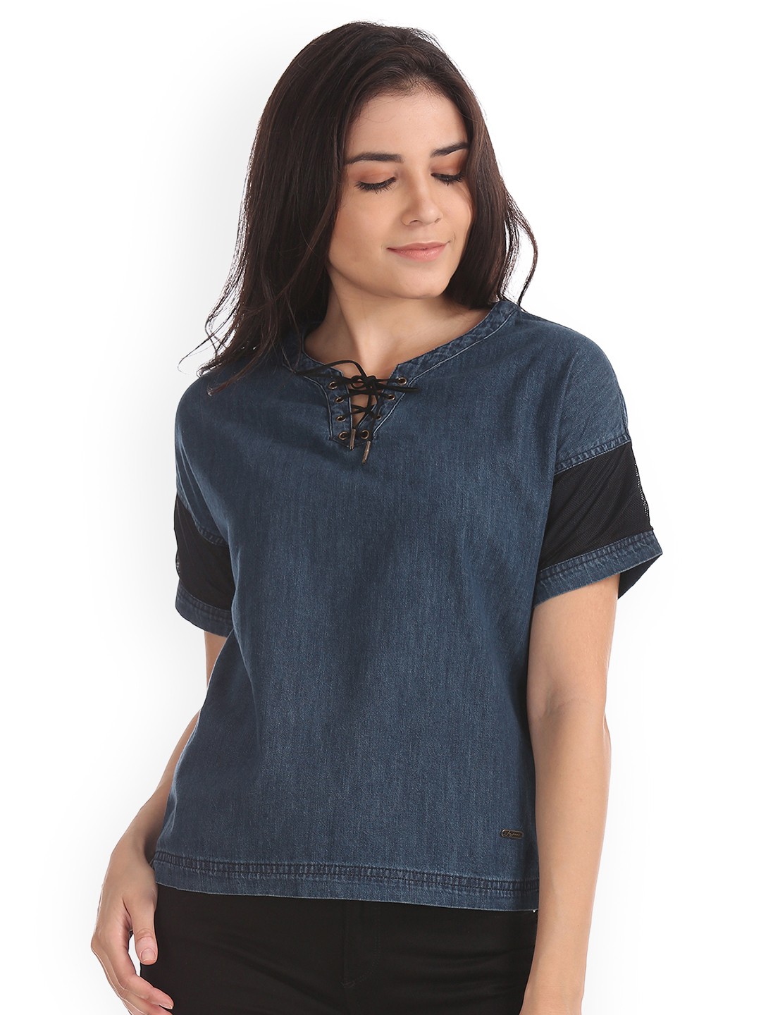 

Flying Machine Navy Blue Solid Pure Cotton Top