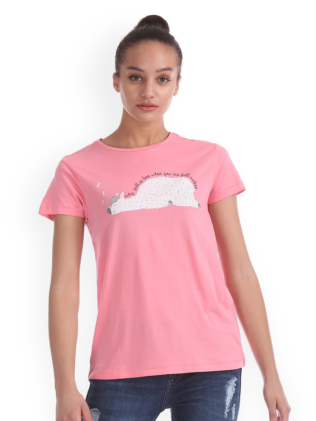 

Flying Machine Women Pink Printed Round Neck Pure Cotton T-shirt