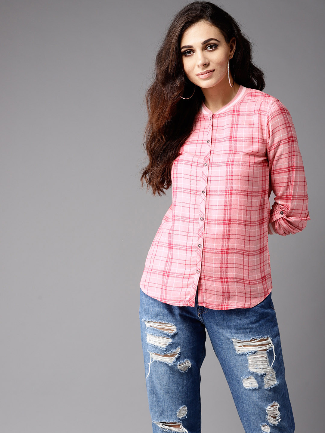 

Flying Machine Women Pink Checked Casual Shirt