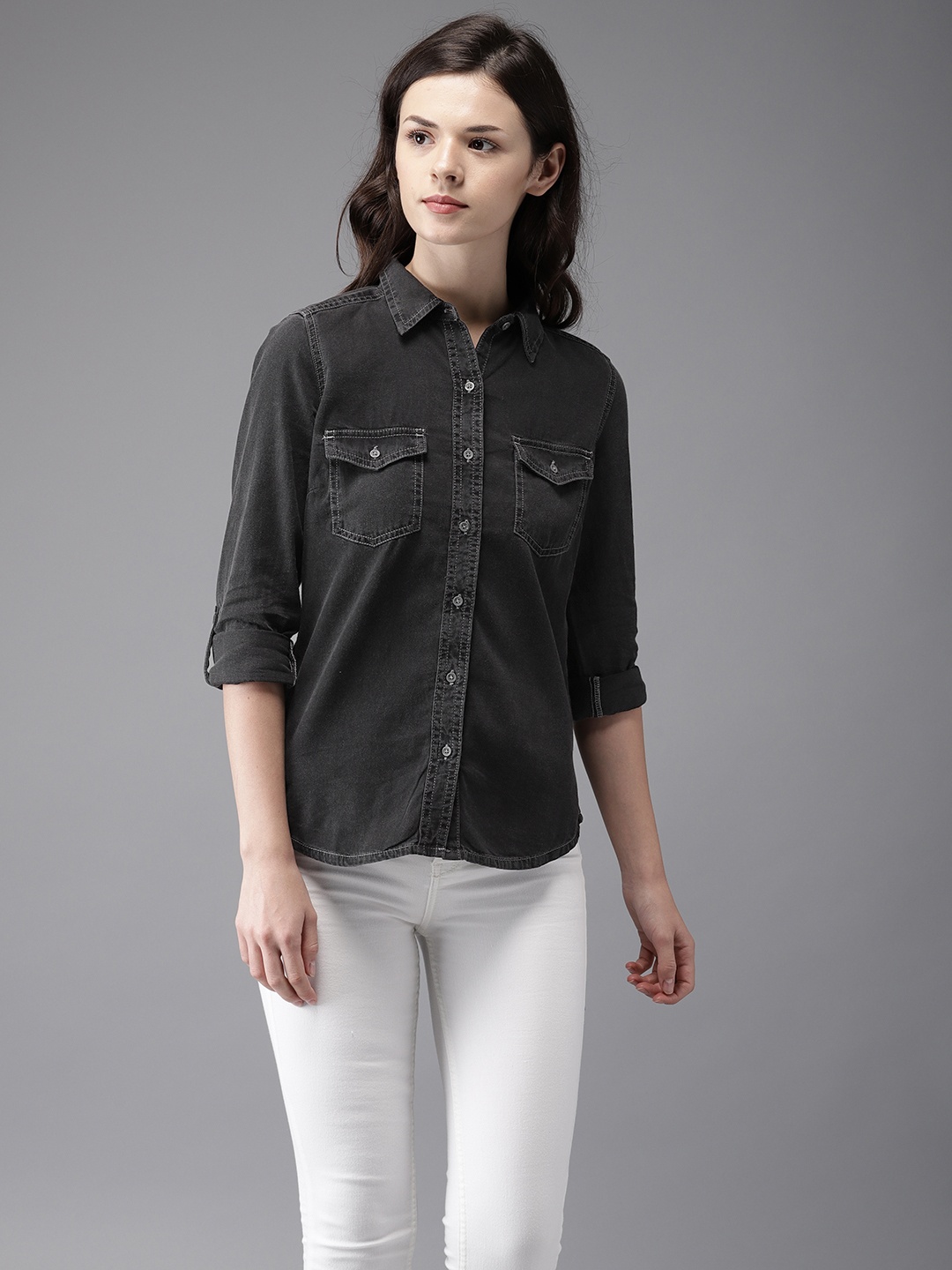 

Flying Machine Women Charcoal Grey Regular Fit Solid Chambray Casual Shirt