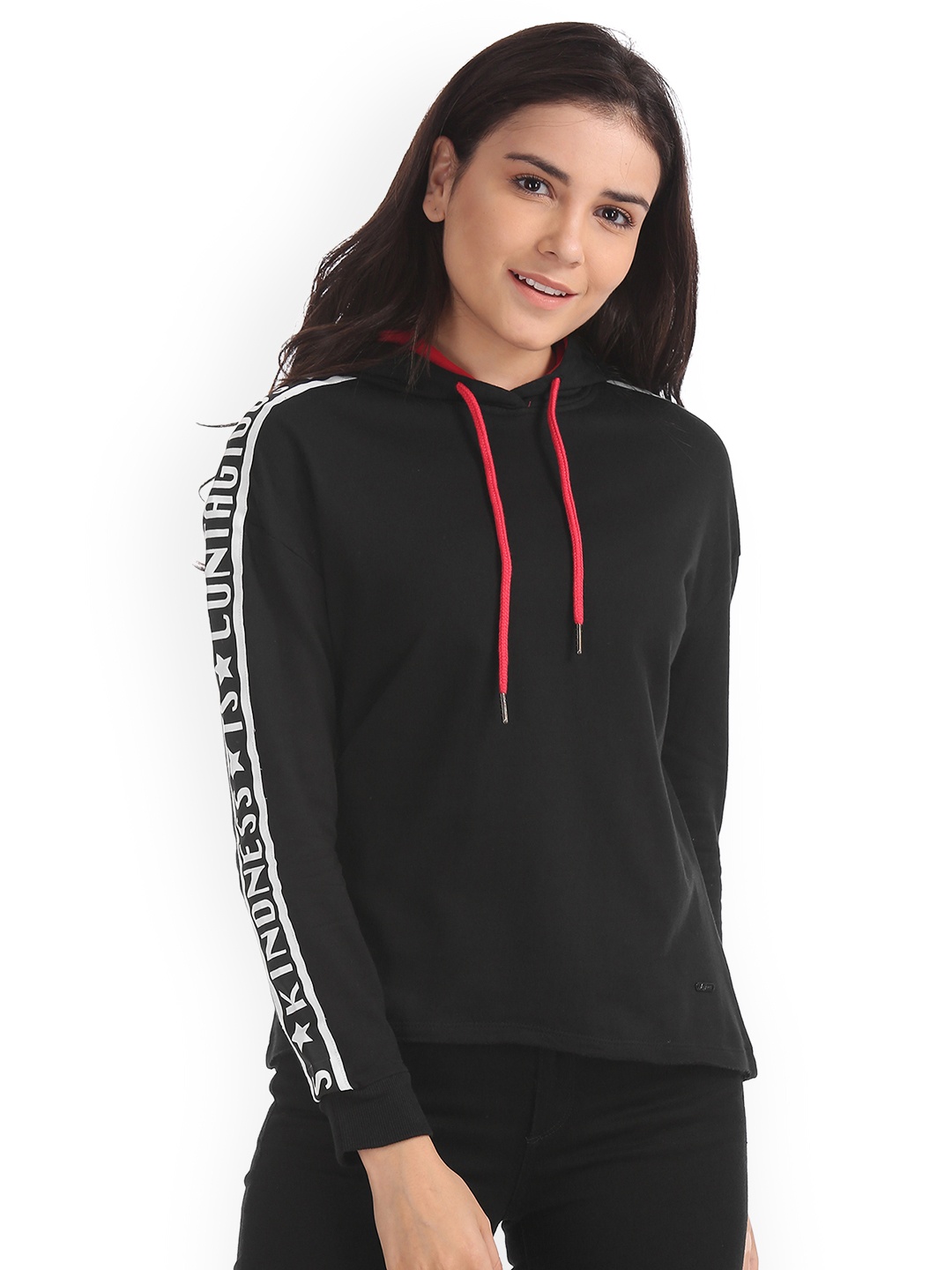 

Flying Machine Women Black Solid Hooded Sweatshirt
