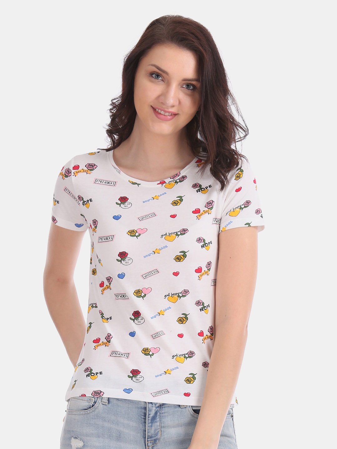 

Flying Machine Women White Printed Round Neck T-shirt