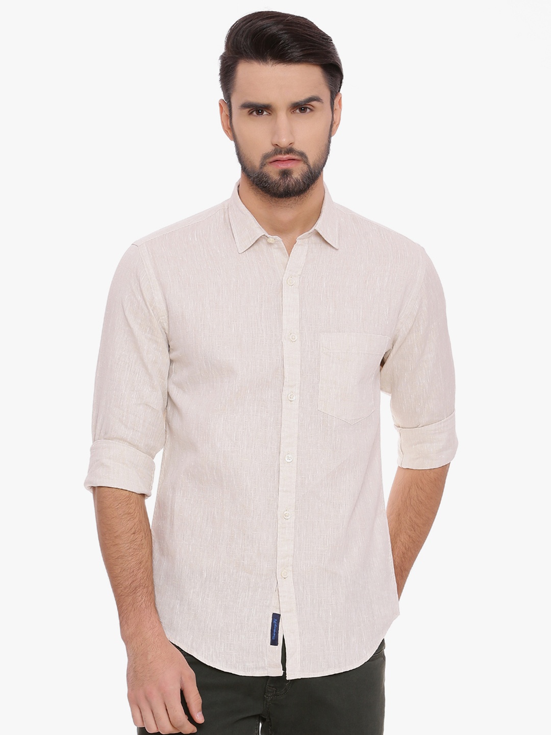 

Linen Club CAVALLO Men Cream-Coloured Linen Cotton Self Design Linen Casual Shirt