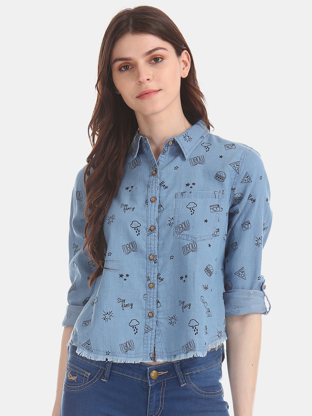 

Flying Machine Women Blue Regular Fit Printed Casual Denim Shirt
