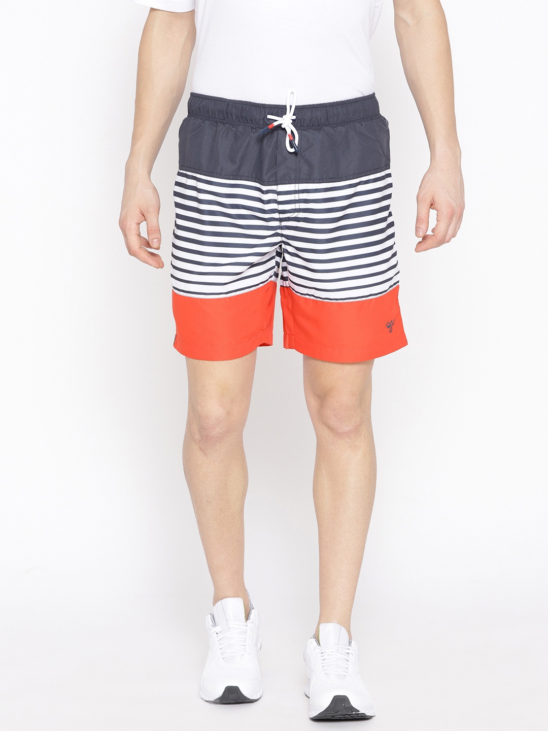 

hummel Men Navy Blue & White Striped Regular Fit Linus Sports Shorts