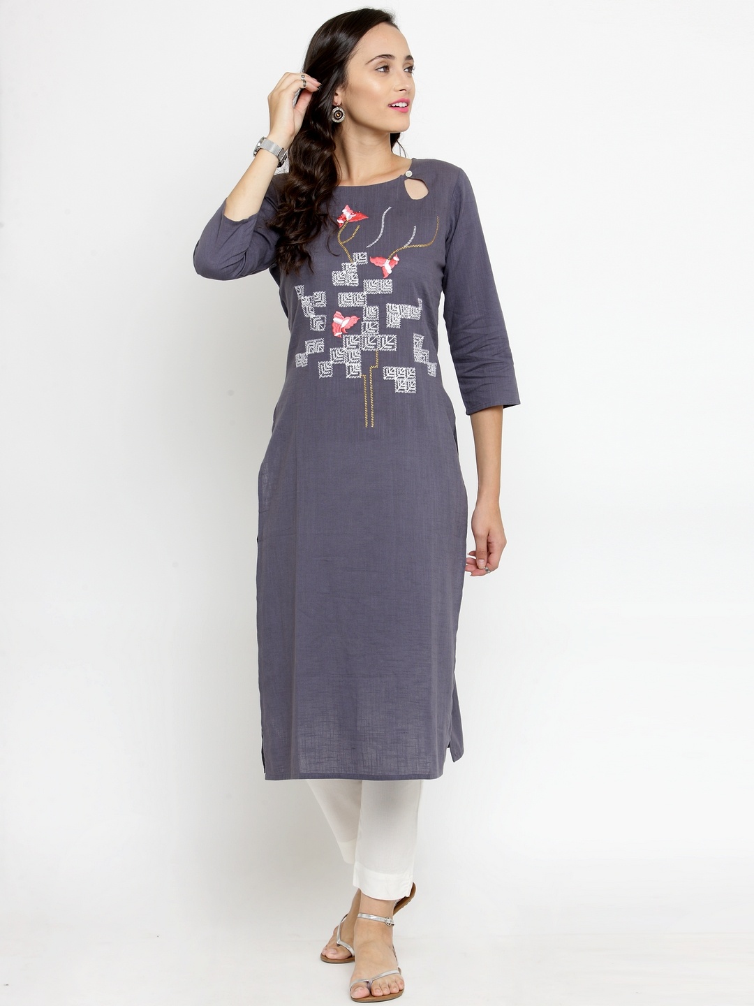 

Varanga Women Grey & White Solid Kurta with Trousers