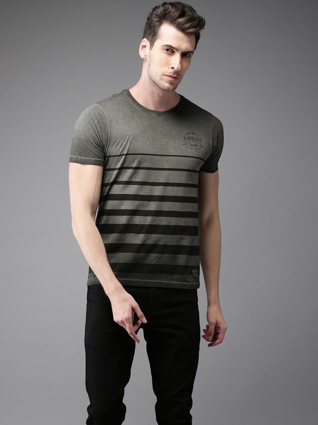 

Flying Machine Men Grey & Black Striped Round Neck T-shirt