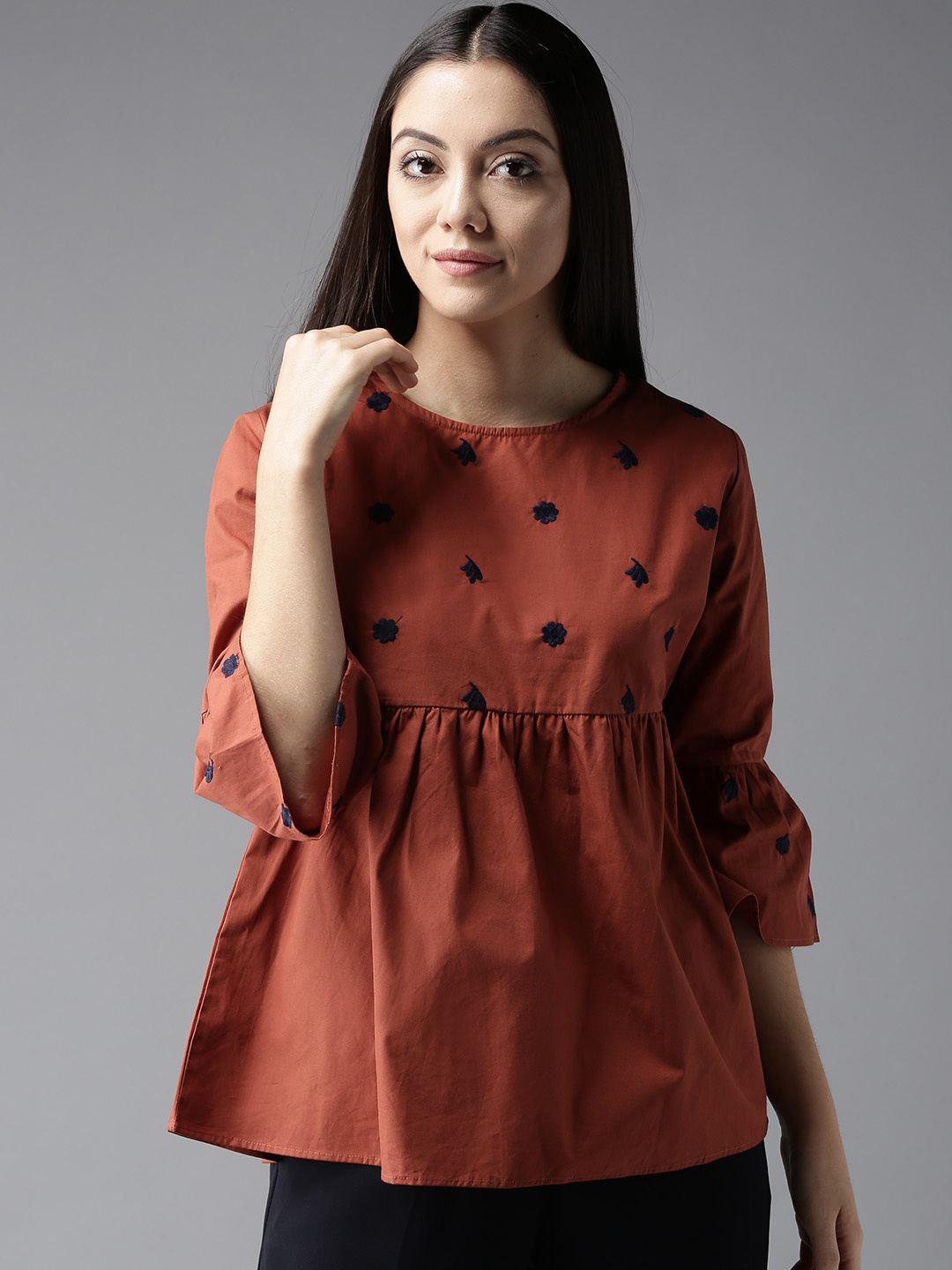 

Moda Rapido Rust Brown Embroidered A-Line Pure Cotton Top