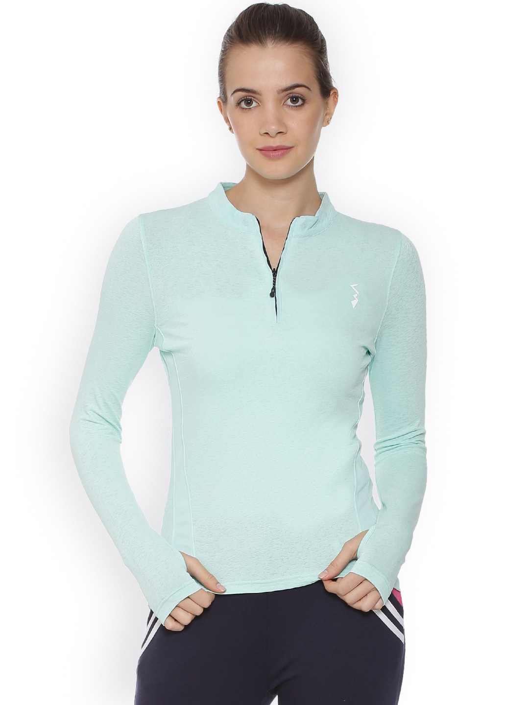 

Campus Sutra Women Turquoise Blue Solid Mandarin Collar T-shirt