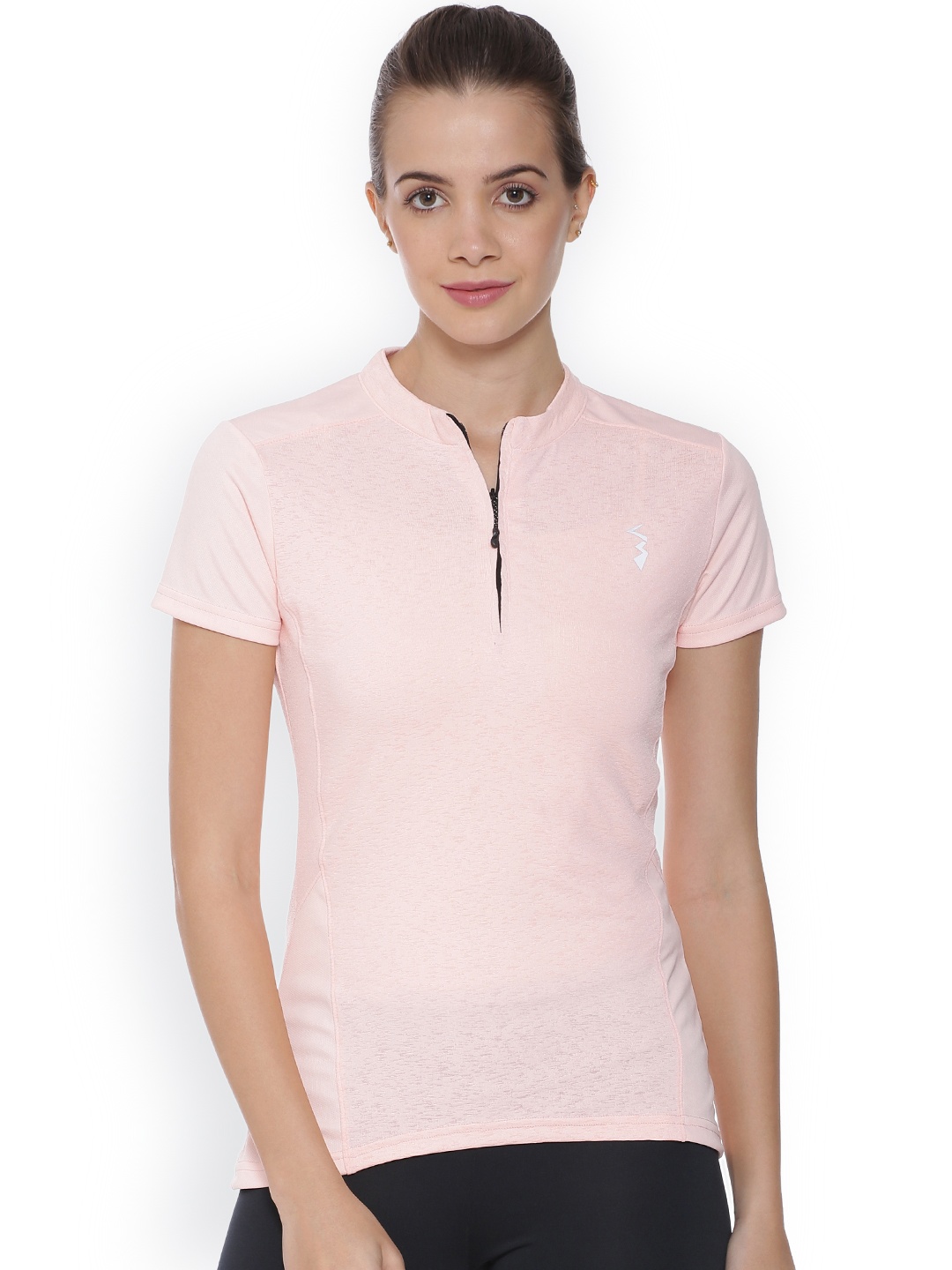 

Campus Sutra Women Peach-Coloured Solid Mandarin Collar T-shirt