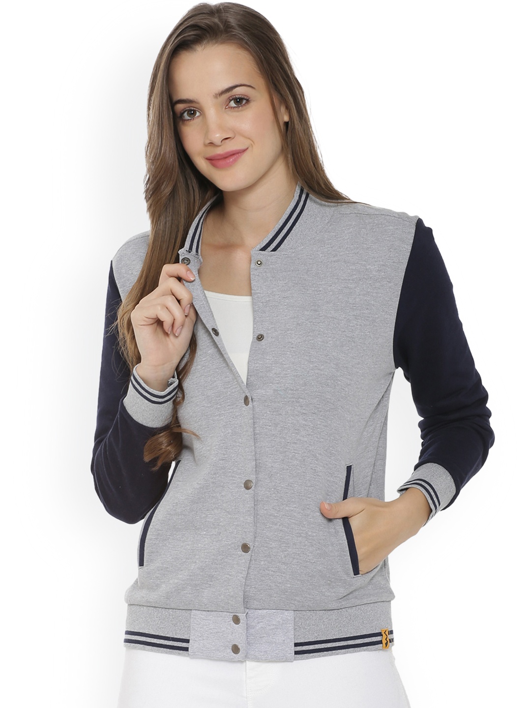 

Campus Sutra Women Grey Colourblocked Varsity Jacket