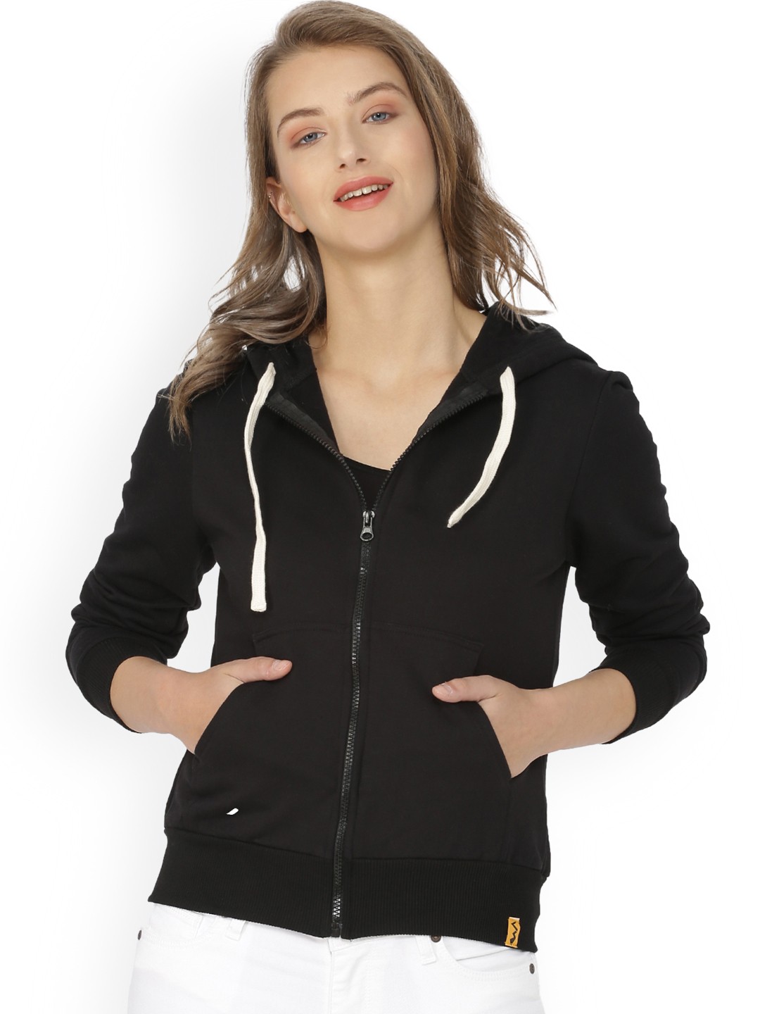 

Campus Sutra Women Black Solid Hooded Sweatshirt
