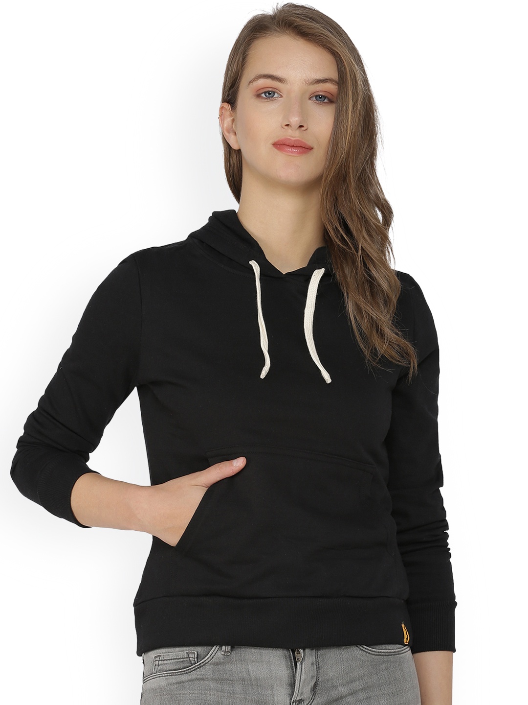 

Campus Sutra Women Black Solid Hooded Sweatshirt