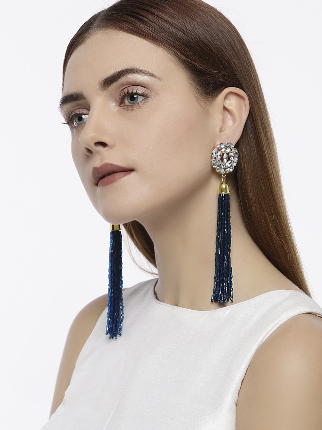 

Zaveri Pearls Gold-Toned & Blue Contemporary Drop Earrings