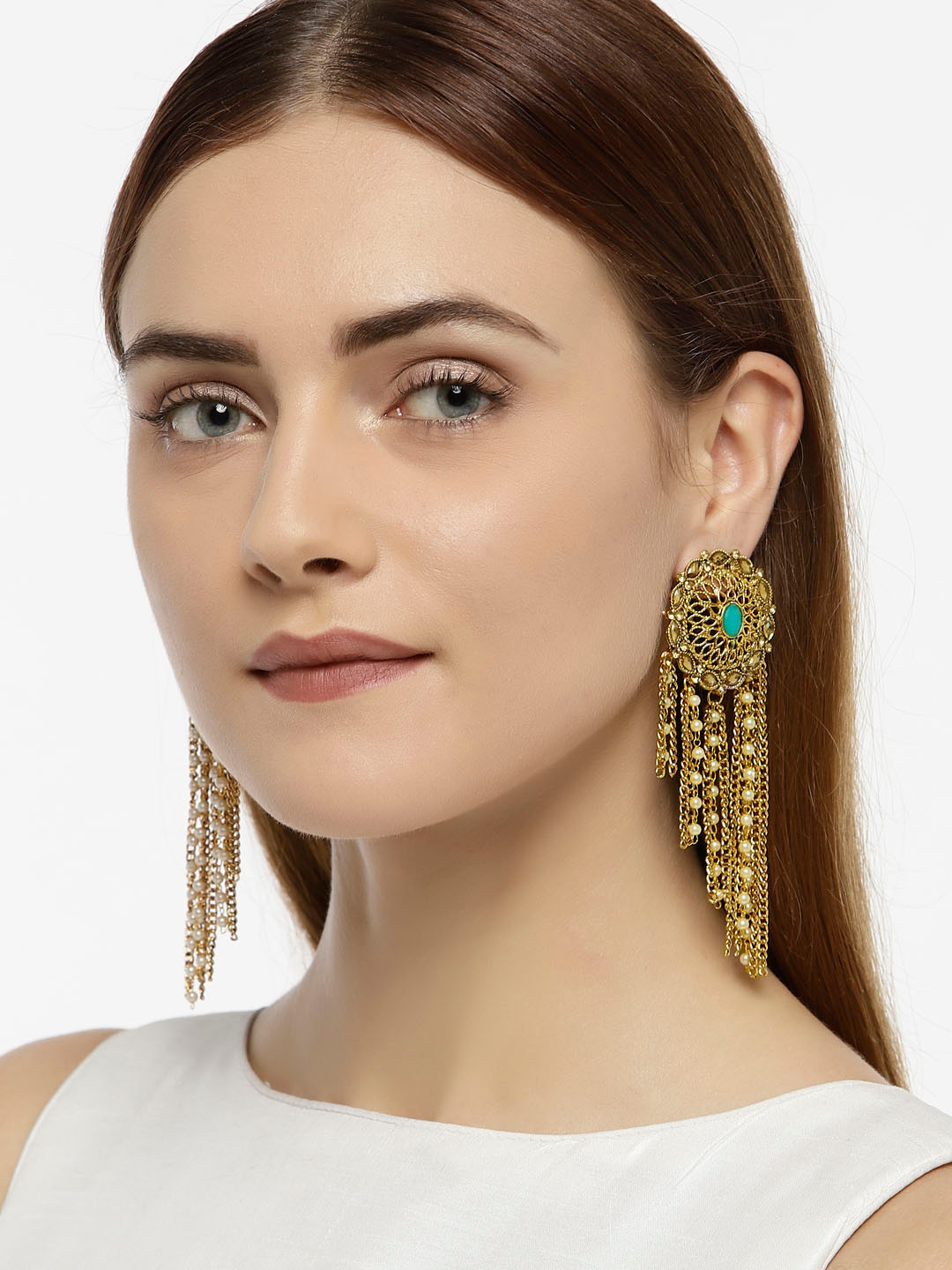 

Zaveri Pearls Women Gold-Toned & White Circular Drop Earrings