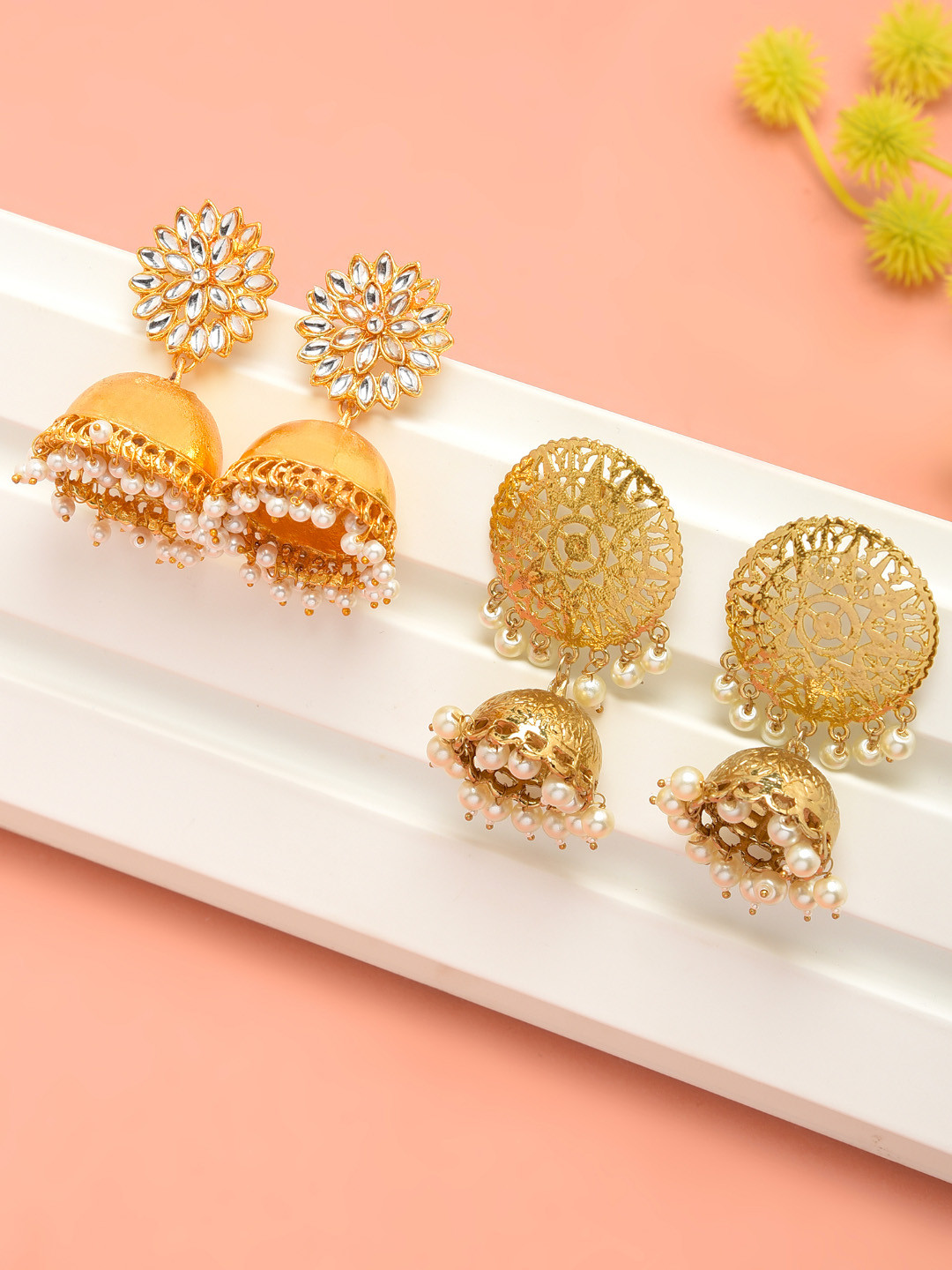 

Zaveri Pearls Set Of 2 Gold-Plated Dome Shaped Jhumkas