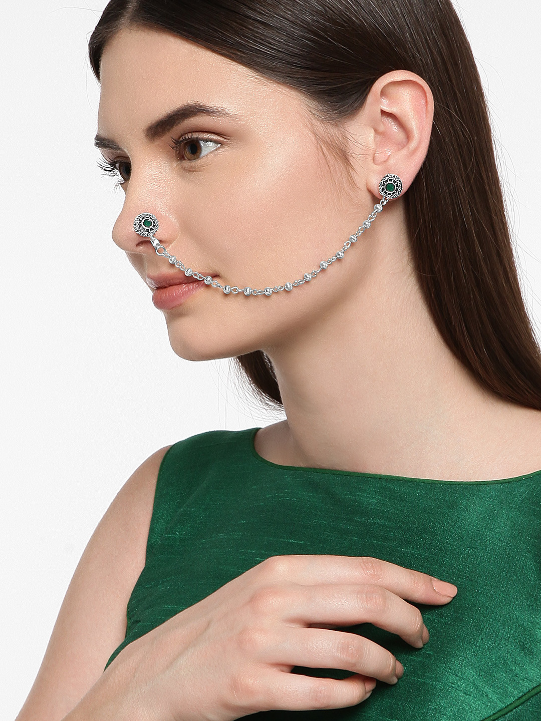 

Zaveri Pearls Silver-Toned & Green Nose Pin Chain with Earrings