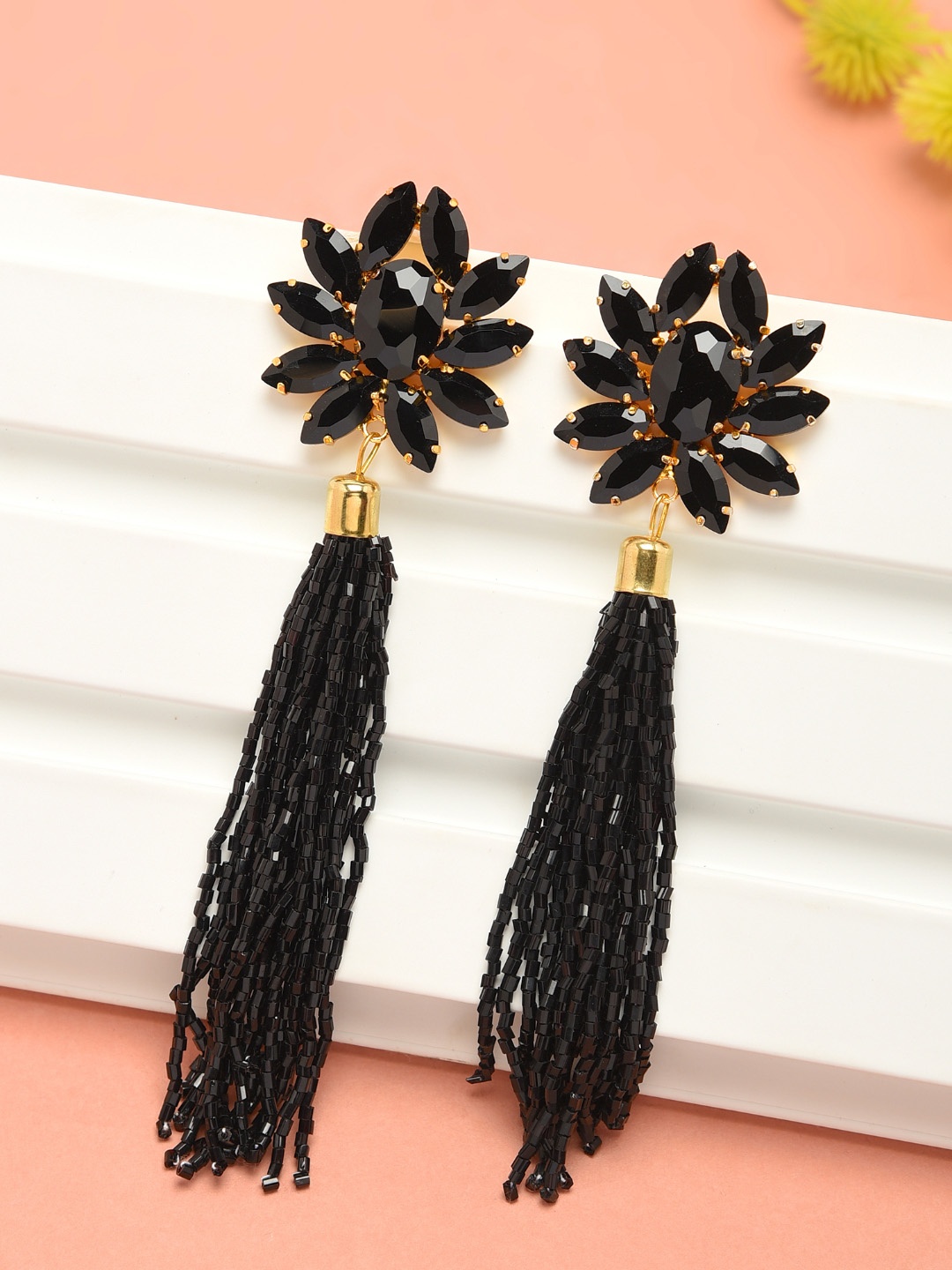 

Zaveri Pearls Black & Gold Plated Floral Drop Earrings