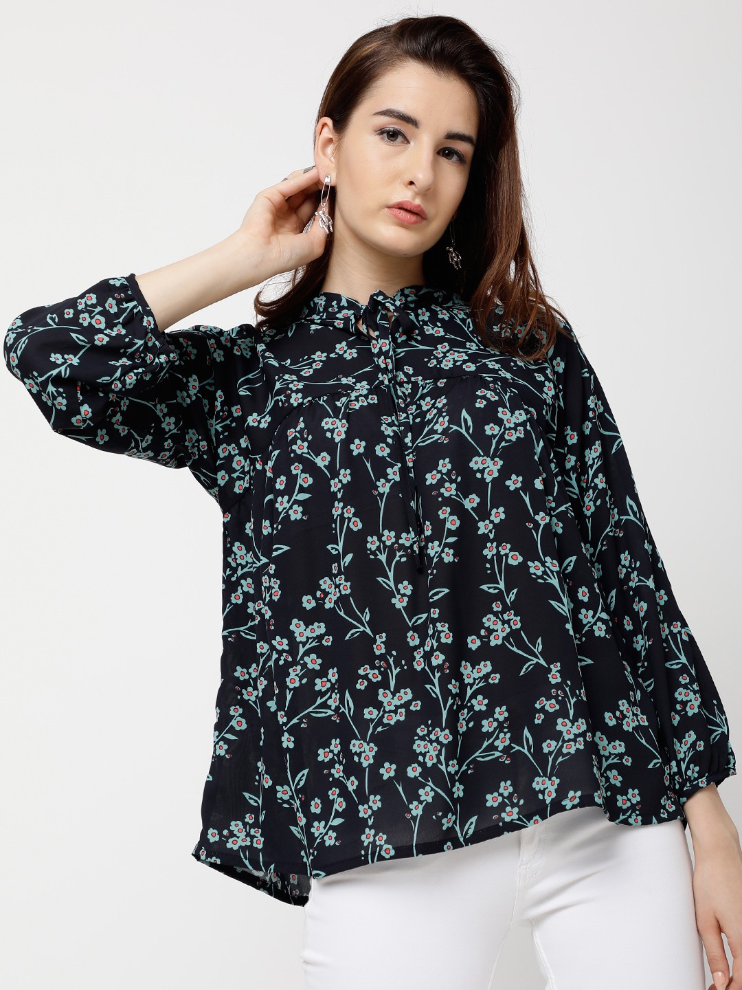 

Tokyo Talkies Women Navy Blue Printed Boxy Top
