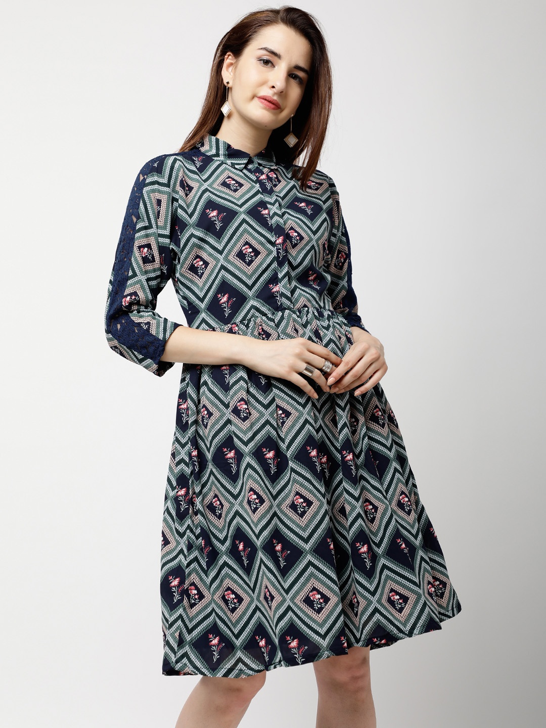 

Tokyo Talkies Women Navy Blue Printed Fit and Flare Dress