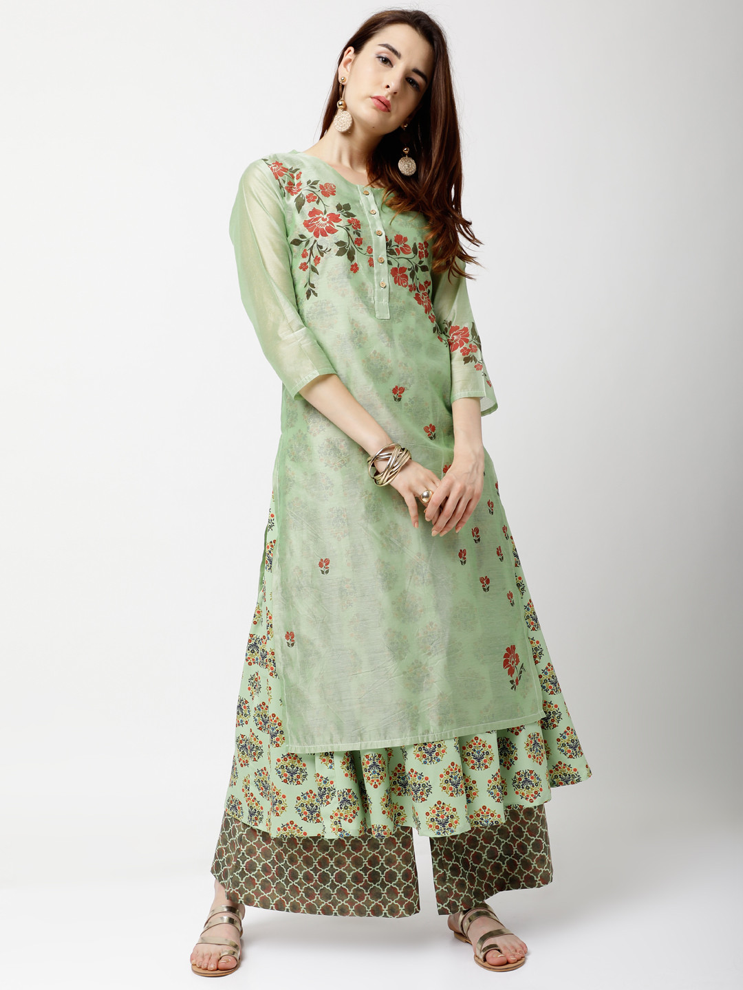

Vishudh Women Green & Brown Solid Kurta with Palazzos