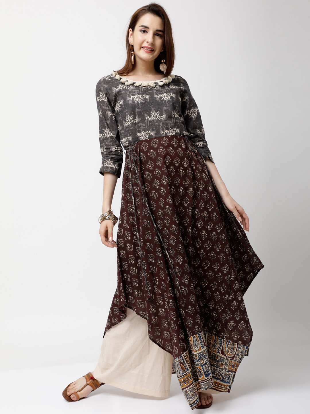 

Vishudh Women Burgundy & Grey Printed A-Line Kurta